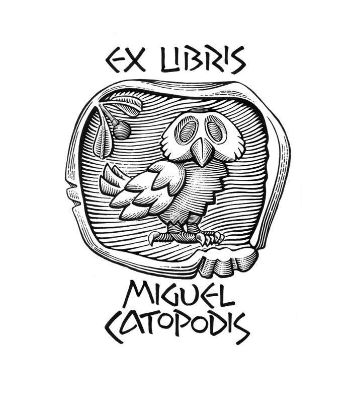 Ex libris sign, greek coin, owl